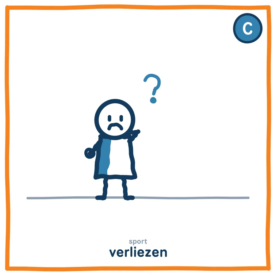Verliezen bij sport: het kind met blauwe stijl (De Denker) vraagt zich af hoe dat kwam.